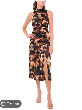 Parker New York Mock Neck Ruched Floral Midi Dress Size 8 NWT